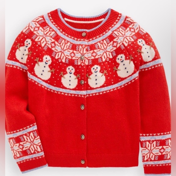 Mini Boden Sweaters - Boden Red Snowman Fair Isle Yoke Button-Front Cardigan